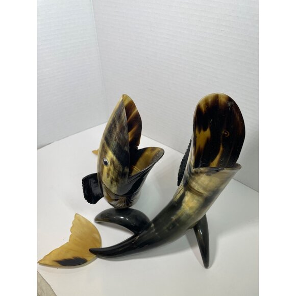 Large Hand-Carved Horn Fish Figurines Pair - Natural Polished Finish - Unique De - Picture 2 of 10